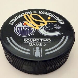 Official Oilers Canucks Game 5 2024 Playoffs Vasily Podkolzin Autograph Puck